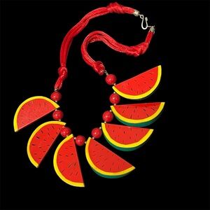 Vintage Watermelon Wood Slice Necklace with Red Cord